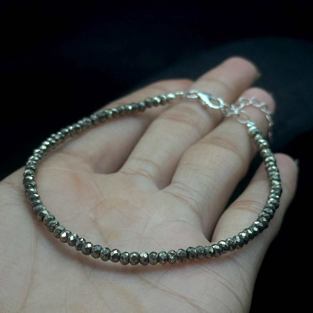 Natural Pyrite Beaded Bracelet, Faceted Pyrite Beads Bracelet, Gemstone Silver Bracelet/Anklet, Yoga/Meditation and Pyrite Bracelet, 3.5 MM