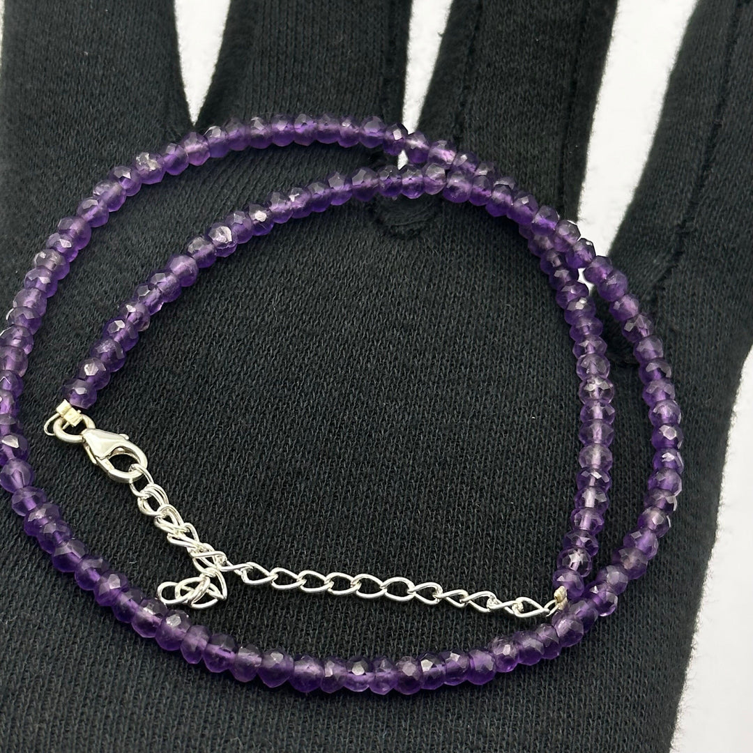 Dainty Natural Amethyst Beaded Necklace, Amethyst Faceted Rondelle Beads Necklace, Purple Beads Necklace For Women's, Gemstone Necklace