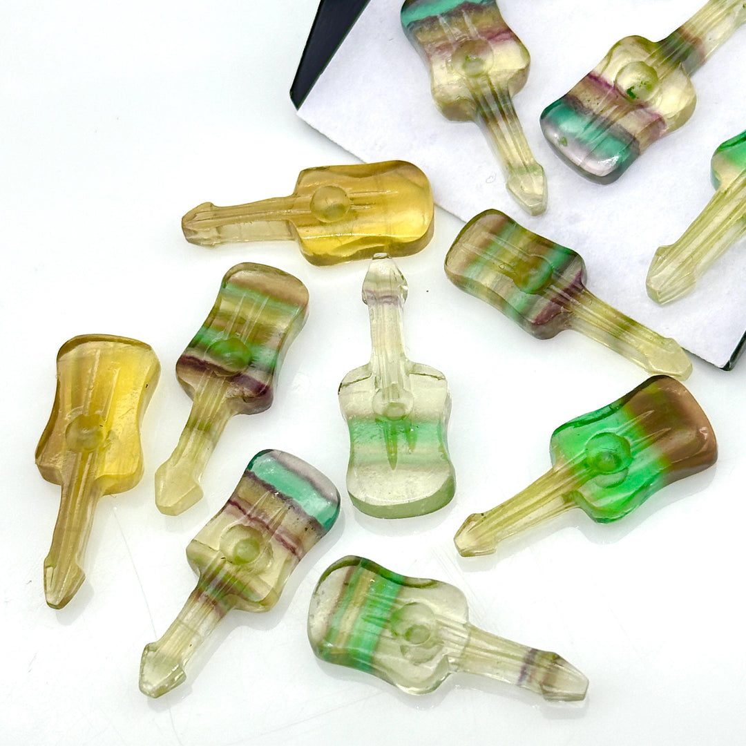 Rainbow Fluorite Guitar Shape Beads, Tiny Fluorite Guitar Shape Hand Carved Gemstone, 26 MM, Miniature Guitar Gemstone, Tiny Charms