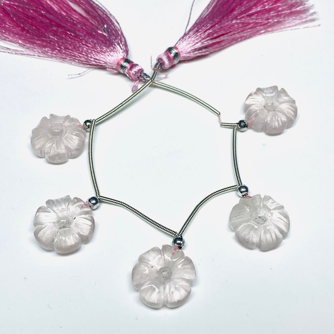 5 Pcs 100% Natural AAA Quality Rose Quartz Flower Shape Beads Strand, Carved Gemstone, Beads Strand, Gemstone For Jewellery, 14 mm