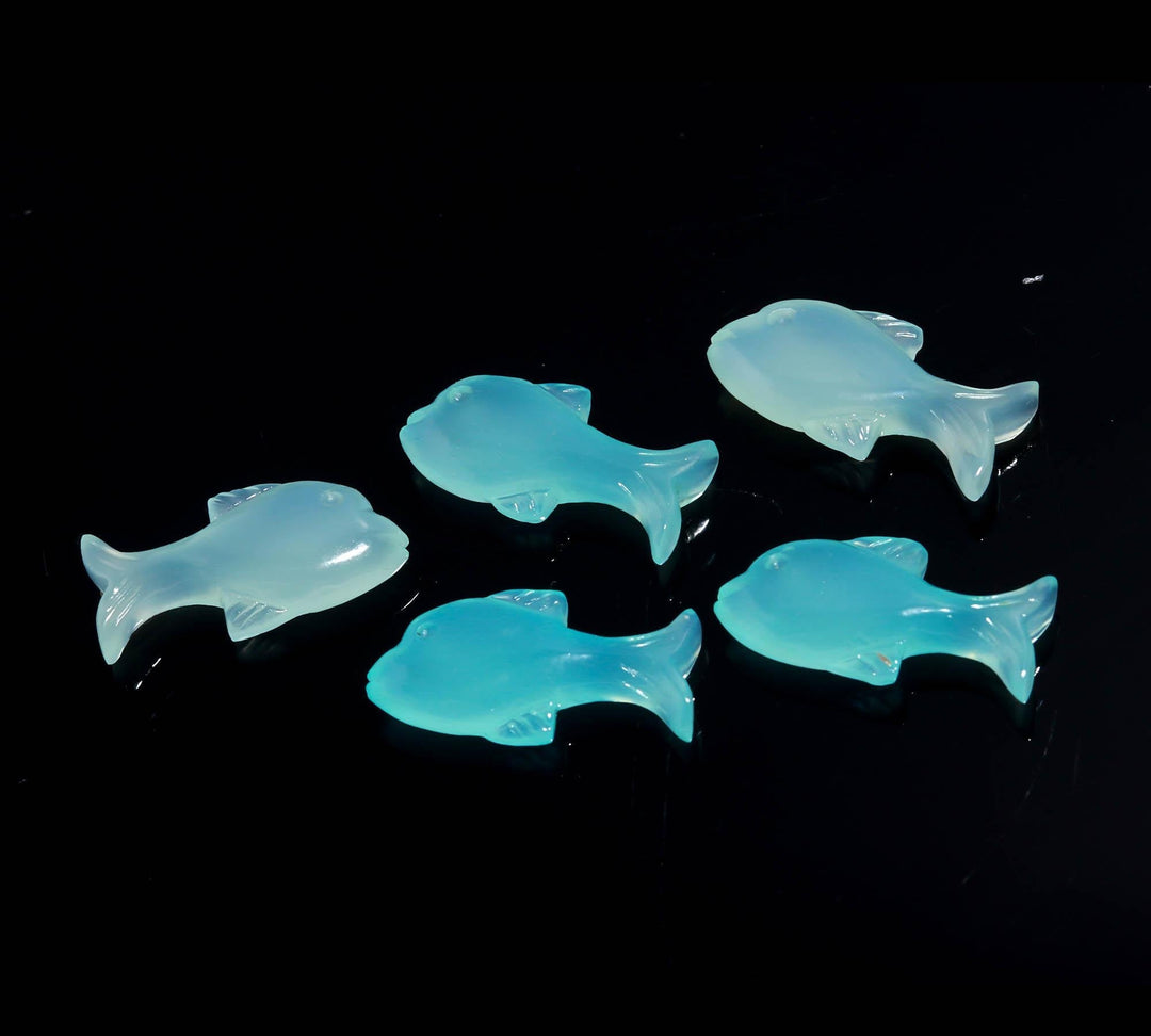 Blue Chalcedony Hand Carved Dolphin Shape Stone, Chaldedony Fish Shape Beads, Jewelry Making Fish Charms, 28 MM