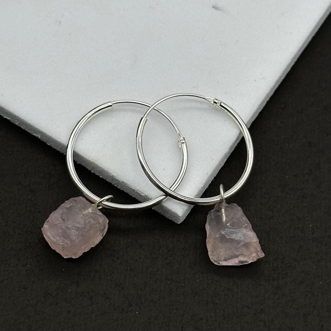 Natural Rough Rose Quartz Hoop Earings, Rose Quartz Dangle & Hoop Earrings For Girls, Gemstone Earrings, Large Hoop Earrings For Gift