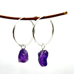 Load image into Gallery viewer, Raw Amethyst Hoop Earrings: Handmade Brass February Birthstone