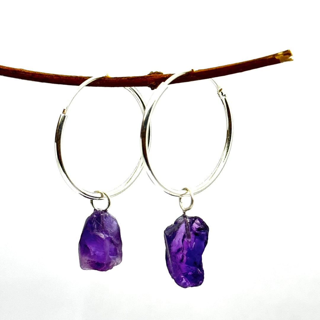 Raw Amethyst Hoop Earrings: Handmade Brass February Birthstone