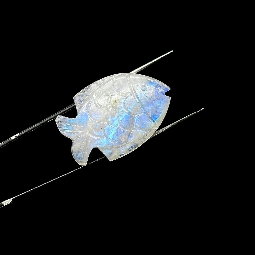 Carved Rainbow Moonstone Fish: Handmade Gemstone Briolette (22x33mm