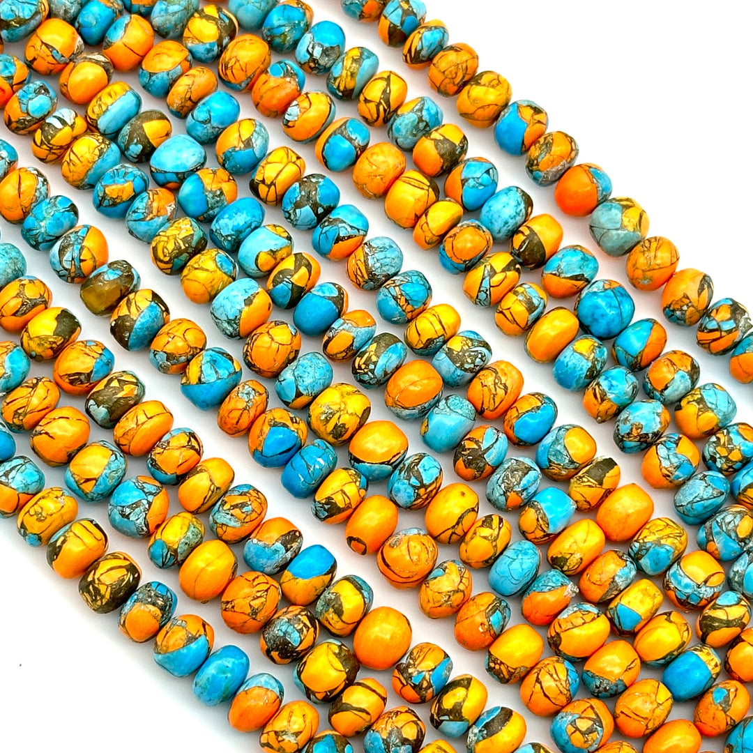 Excellent Quality Oyster Copper Turquoise Beads, Orange & Blue Copper Tuquoise Smooth Rondelle Beads, 8-10 mm, 4 Inch Line, Wholesale Beads