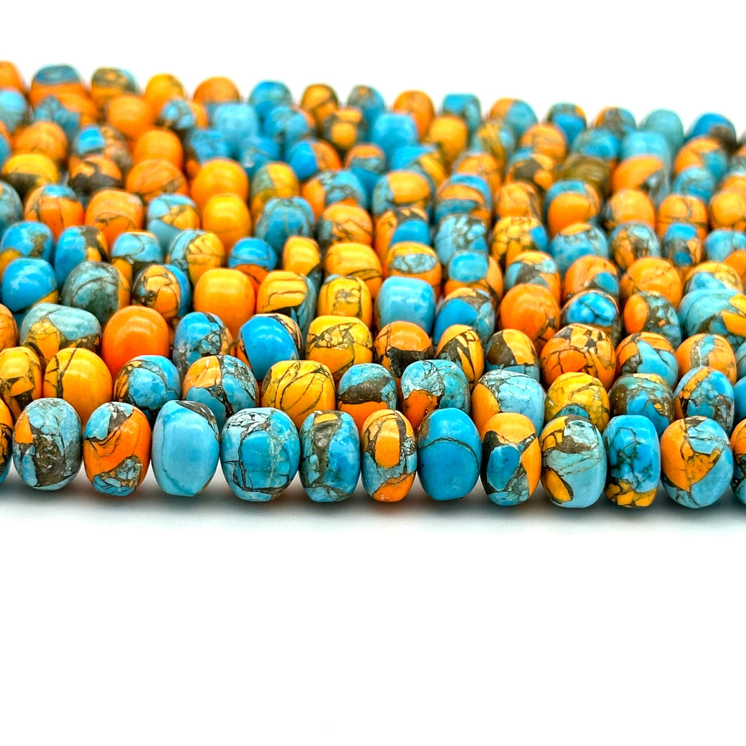 Excellent Quality Oyster Copper Turquoise Beads, Orange & Blue Copper Tuquoise Smooth Rondelle Beads, 8-10 mm, 4 Inch Line, Wholesale Beads