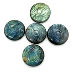 Load image into Gallery viewer, Natural Labradorite Evil Eye Shape Gemstone, Flashy Labradorite Hand Carved Stone Beads For Jewelry Making, 28 MM, Round Evil Eye Carving