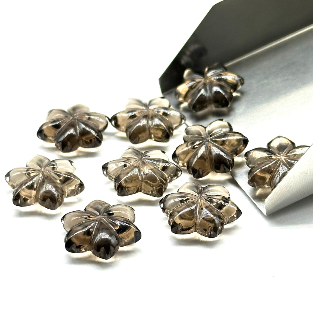 Natural Smoky Quartz Flower Shape Carved Gemstone, Flower Shape Carving Loose Gemstone Beads, 15mm Fancy Shape Hand Carved Beads for Jewlery