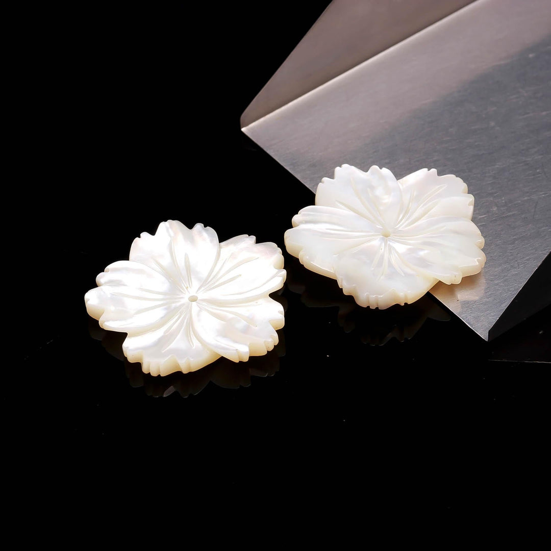 1 Pc White Mother of Pearl Flower Shape Carving, White Luster Pearl Flower Shape Gemstone for Jewelry Making, 30 MM, Center Drill Beads