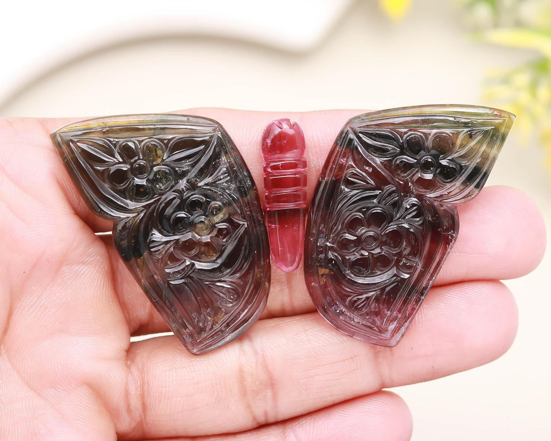 Carved Tourmaline Butterfly Cabochon: AAA Pink & Green Gemstone, 44mm