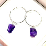 Load image into Gallery viewer, Raw Amethyst Hoop Earrings: Handmade Brass February Birthstone