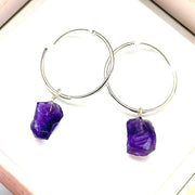Raw Amethyst Hoop Earrings: Handmade Brass February Birthstone