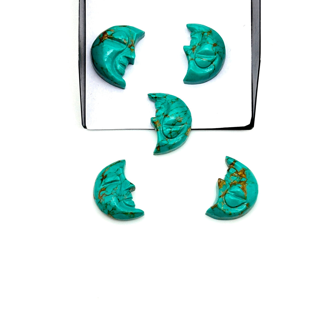 Hand Carved Copper Turquoise Moon Face Charm: Green Gemstone (18X13 MM)