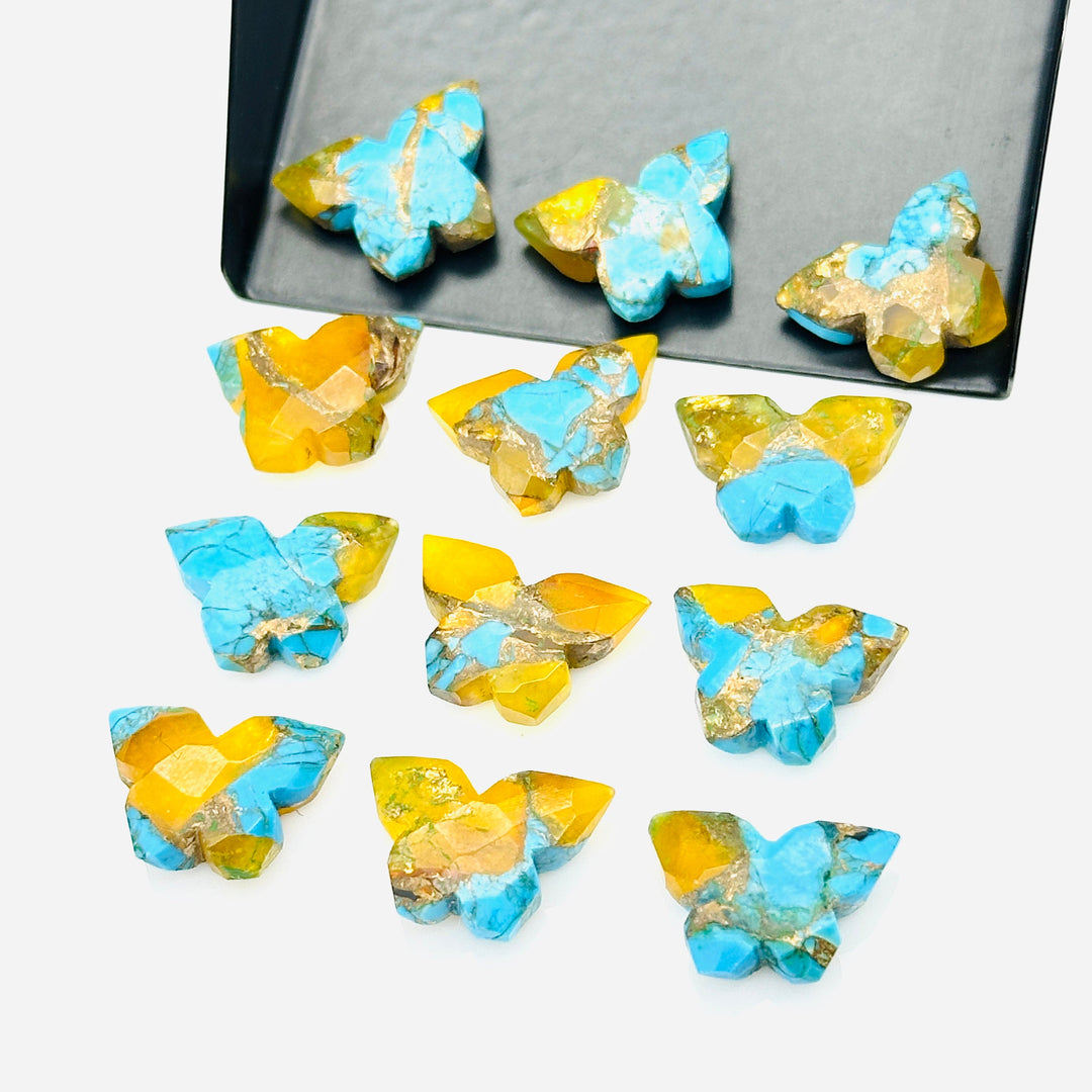 Sparkling Mohave Copper Turquoise Butterfly Shape Carving Beads, Faceted Butterfly Gemstone, Blue & Yellow Turquoise Carving Beads 14x10 MM