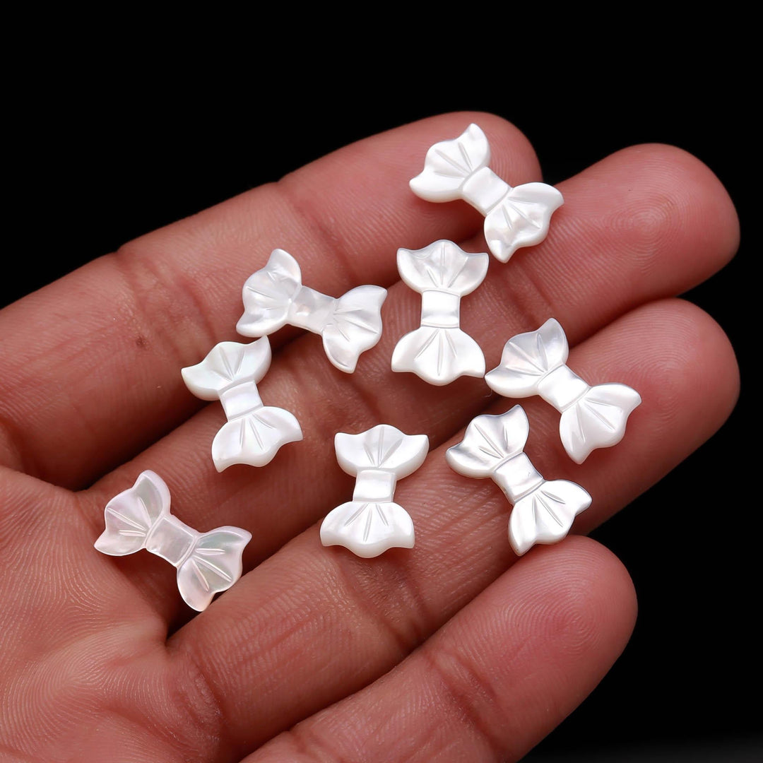 Mother of Pearl Bow Shape Carving, White Pearl Bow Carved Briolette, Wholesale Pearls, Pearl Gemstones, 9X14 MM, 1 Pc, Straight Drill