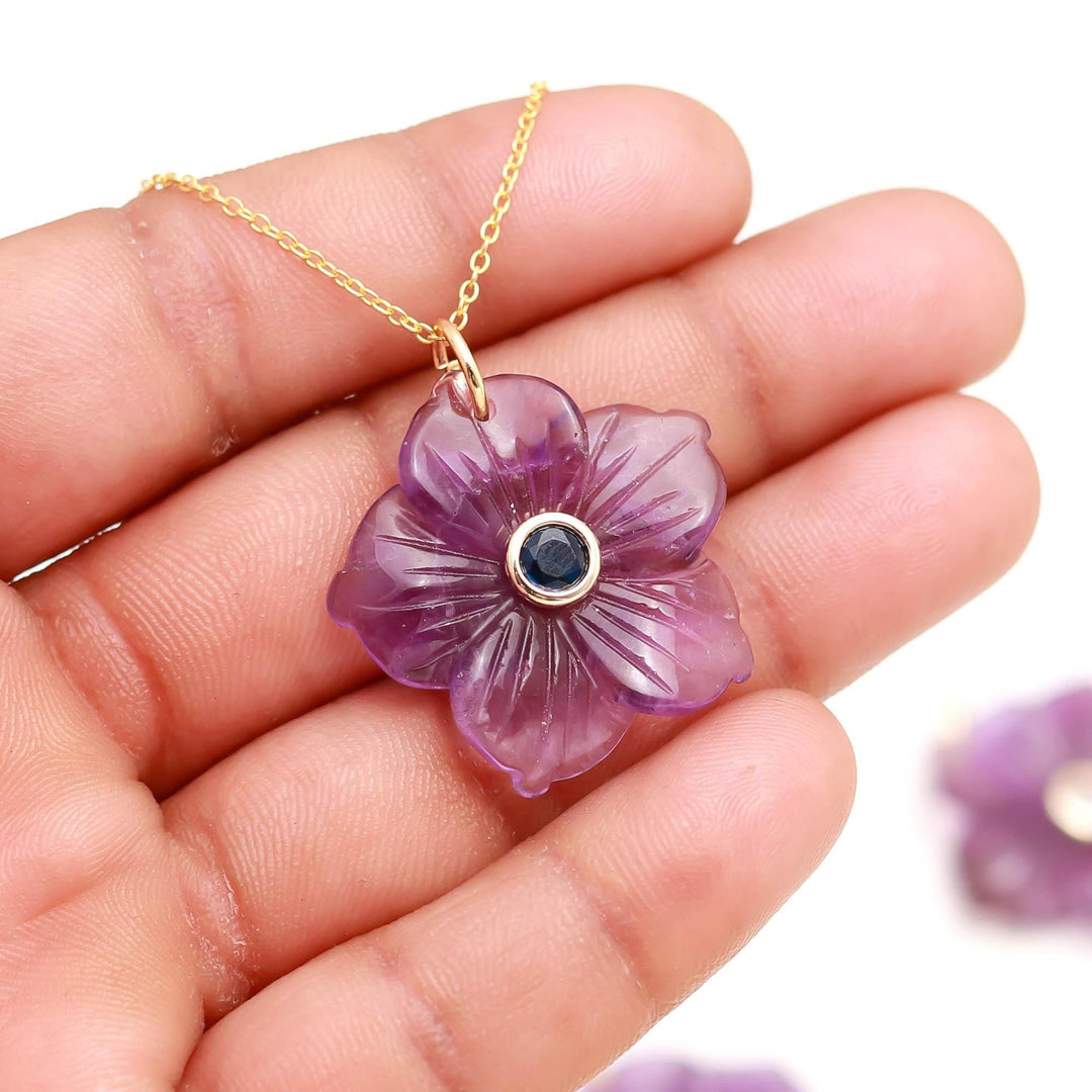 Amethyst Flower Gemstone Pendant, Natural Amethyst Healing Necklace, Crystal Carved Necklace Gifts, February Birthstone
