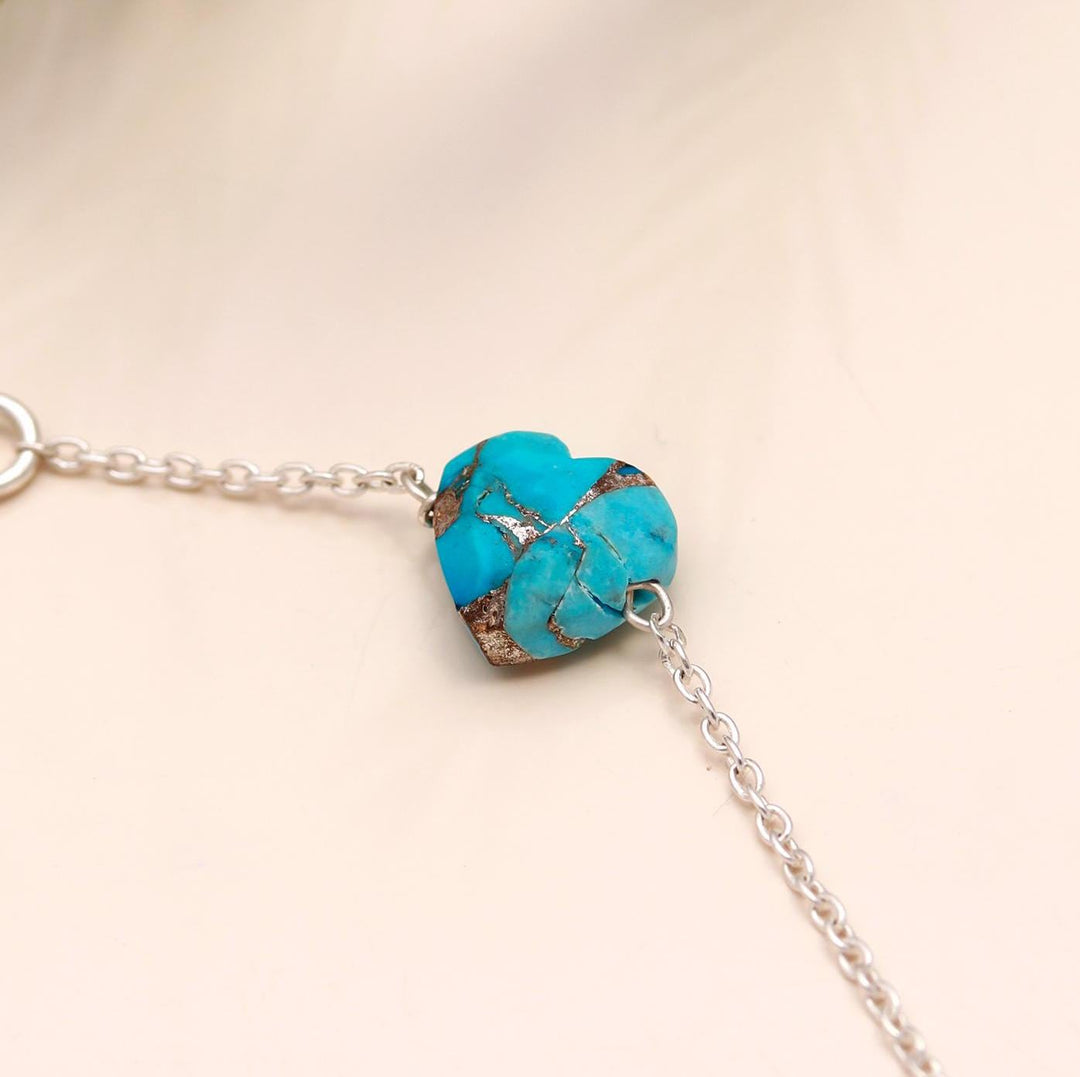 AAA Copper Turquoise Heart Beads Bracelet, Turquoise Heart Beads Bracelet, Women's Gift Chain Bracelet, 925 Silver Bracelet/Anklets