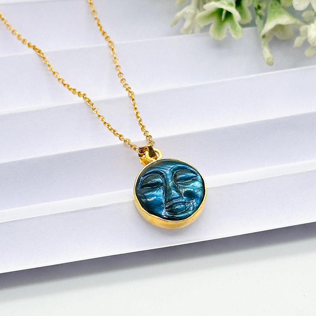 Flashy Carved Labradorite Face Pendant, AAA Natural Labradorite Chakra Necklace For Her, 18 mm Face Charm, Birthday Gift For Women's