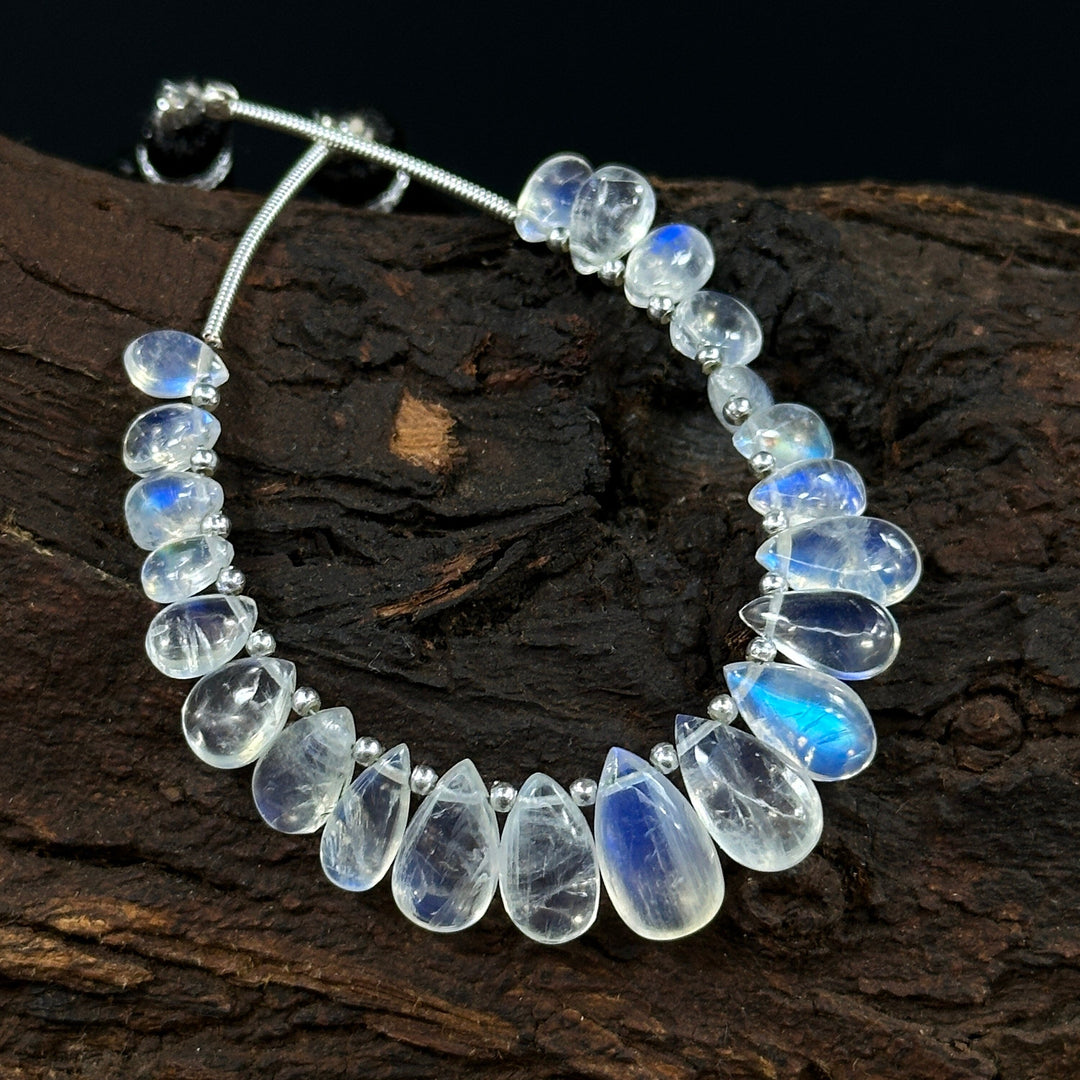 AAA Quality Flashy Rainbow Moonstone Smooth Pear Beads, 4 inch strand, Natural Blue Flash Rainbow Moonstone Pear Beads, 4X6 - 8X10 MM