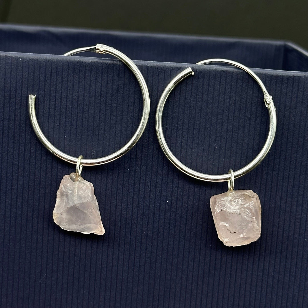 Natural Rough Rose Quartz Hoop Earings, Rose Quartz Dangle & Hoop Earrings For Girls, Gemstone Earrings, Large Hoop Earrings For Gift