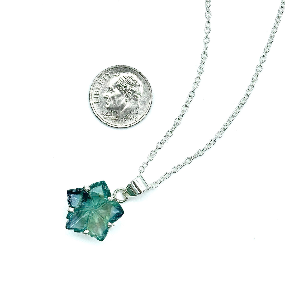 Hand Carved Green Fluorite Flower Pendant Necklace - Boho Hippie Style