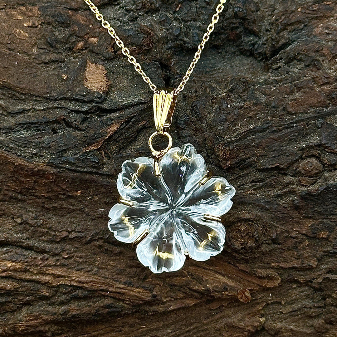 Amazing Carved Natural Crystal Flower Pendant, Goddess Energy Crystal Necklace For Her, 19 mm Crystal Quartz Flower, Birthday Gift For Women