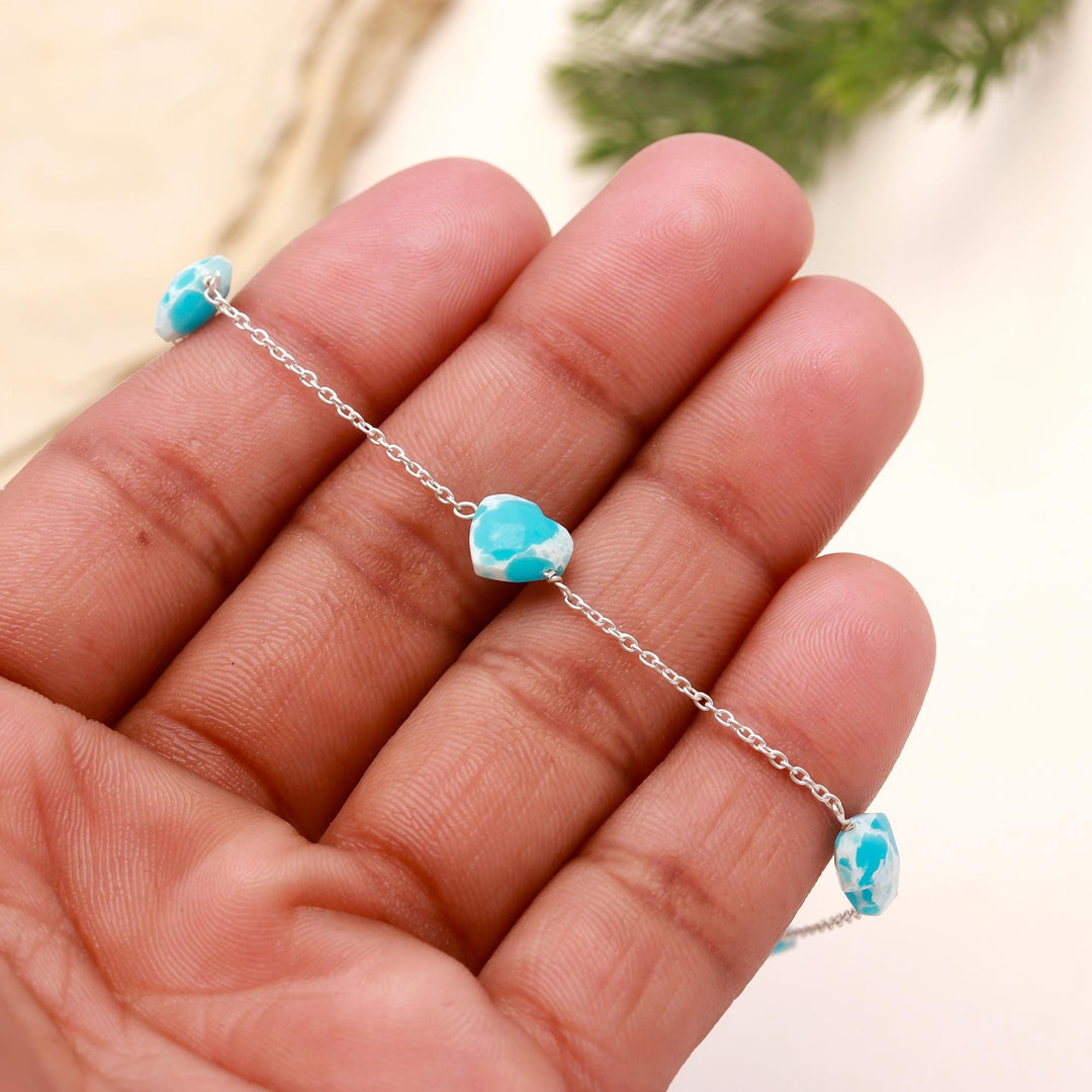 AAA Mohave Turquoise Heart Beads Bracelet, Blue Turquoise Heart Beads Bracelet, Gift For Her, 925 Silver Bracelet/Anklets, Fancy Jewelry