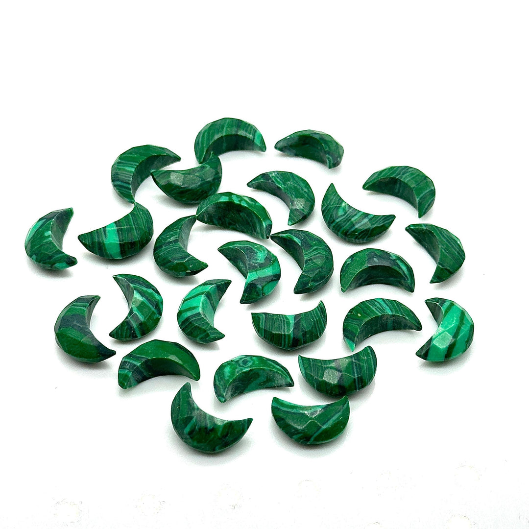 Carved Malachite Moon Beads: Faceted Green Gemstone Charms (12mm)
