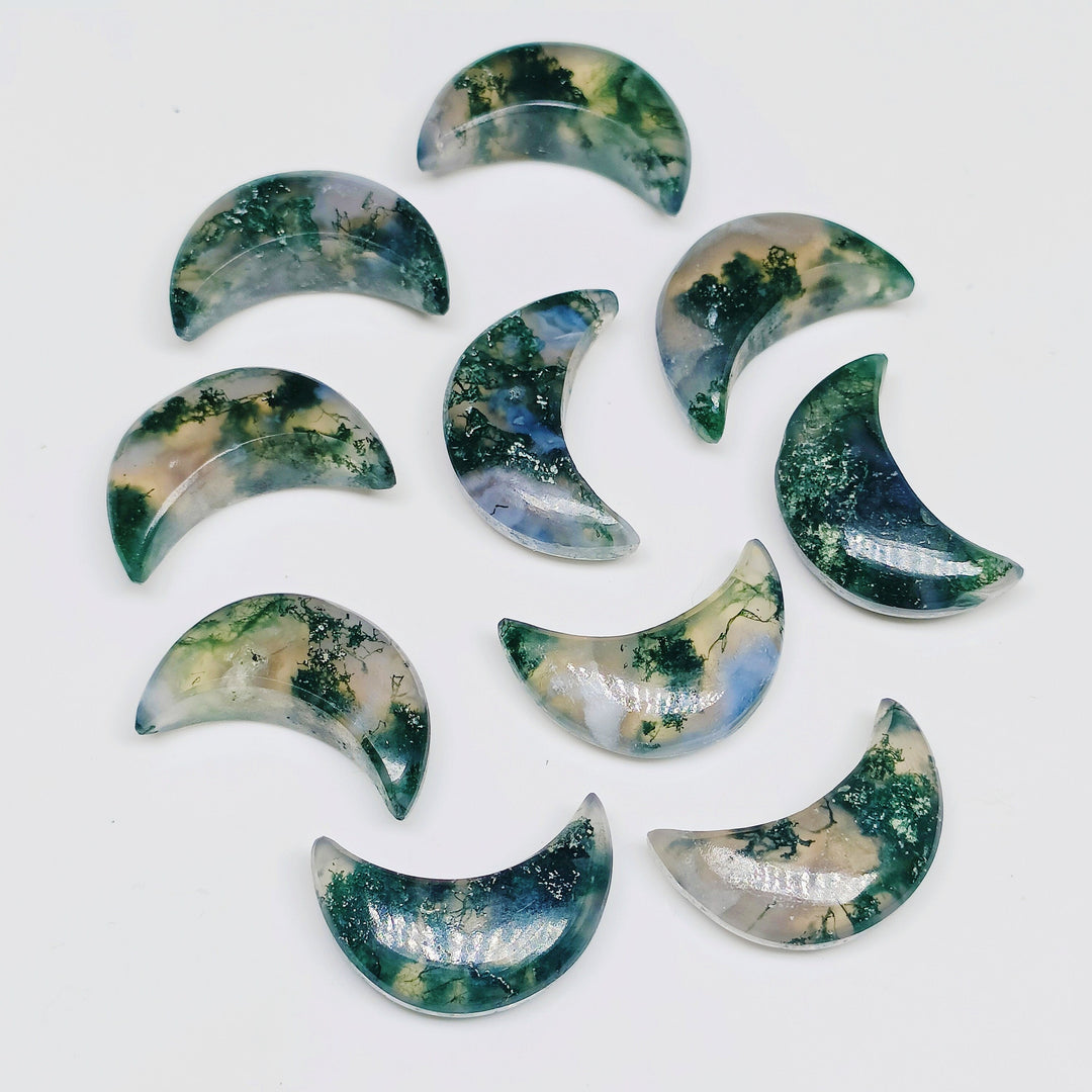 Hand Carved Moss Agate Moon Briolettes: Natural Gemstone Beads, 17mm