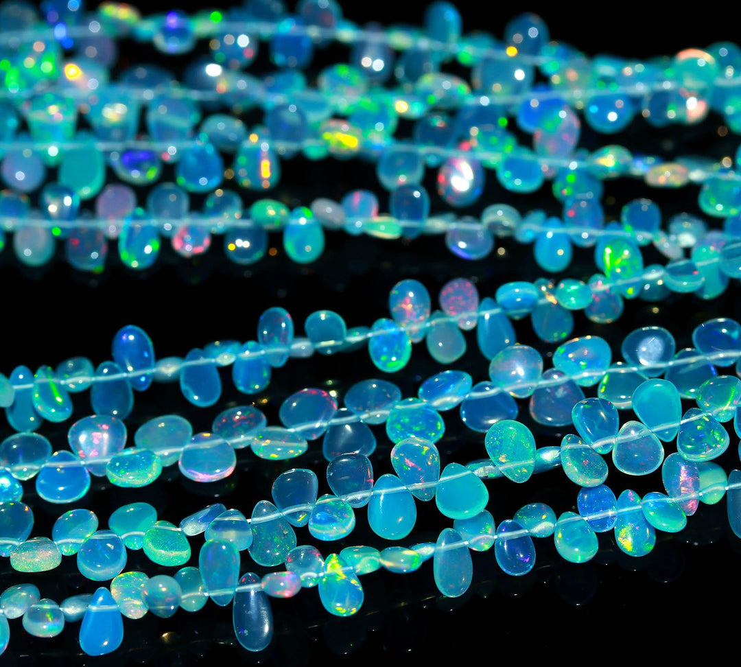 Light Blue Opal Pear Shape Beads, AAA Fire Ethiopian Opal Pear Shape Gemstone Beads, Jewelry Making Welo Opal Beads, 4-8 MM