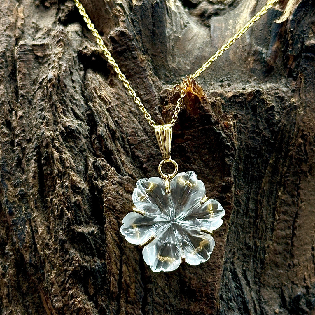 Amazing Carved Natural Crystal Flower Pendant, Goddess Energy Crystal Necklace For Her, 19 mm Crystal Quartz Flower, Birthday Gift For Women