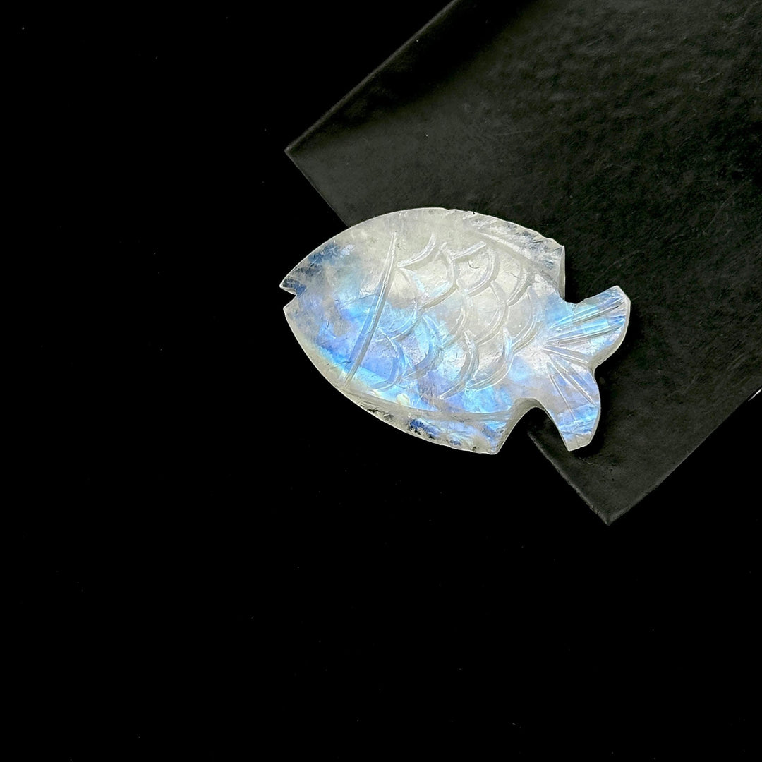 Carved Rainbow Moonstone Fish: Handmade Gemstone Briolette (22x33mm