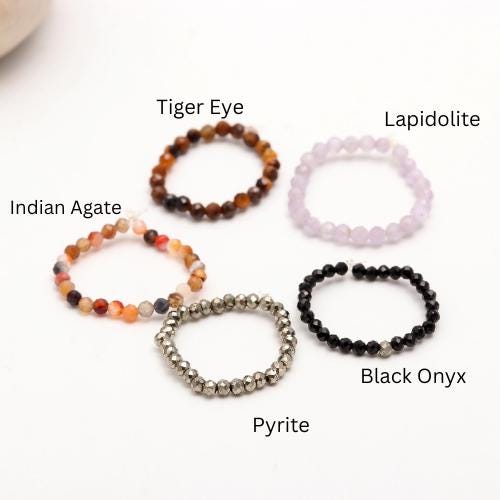 Beaded Stackable Gemstone Rings, Stretchable 2 MM Round Faceted Beads Rings, Elastic Handmade Rings for Women, Promise Ring for Her