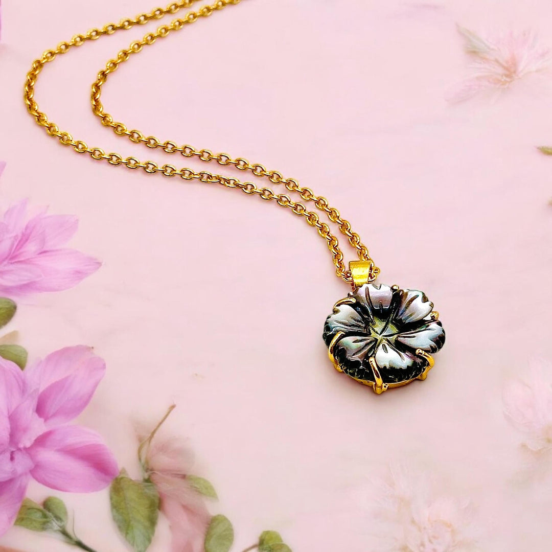 Gorgeous Carved Pearl Flower Pendant, Coffee Pearl Flower Necklace, Party Wear Pearl Necklace, 18 mm Flower, Wedding & Bridesmaid Necklace
