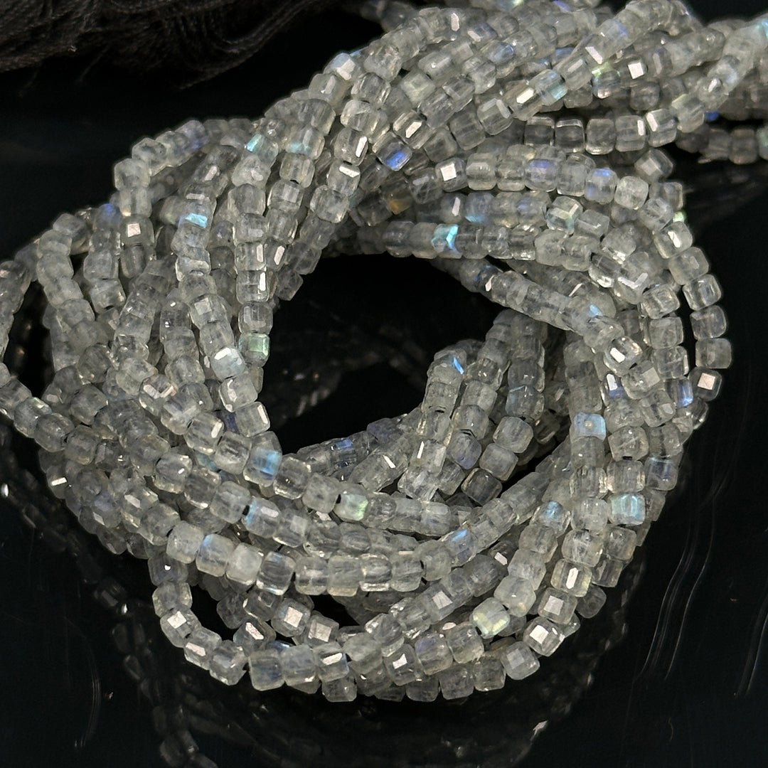 Labradorite Gemstone Beads: 2mm Faceted Cube, Blue Fire, 13 Inch Strand