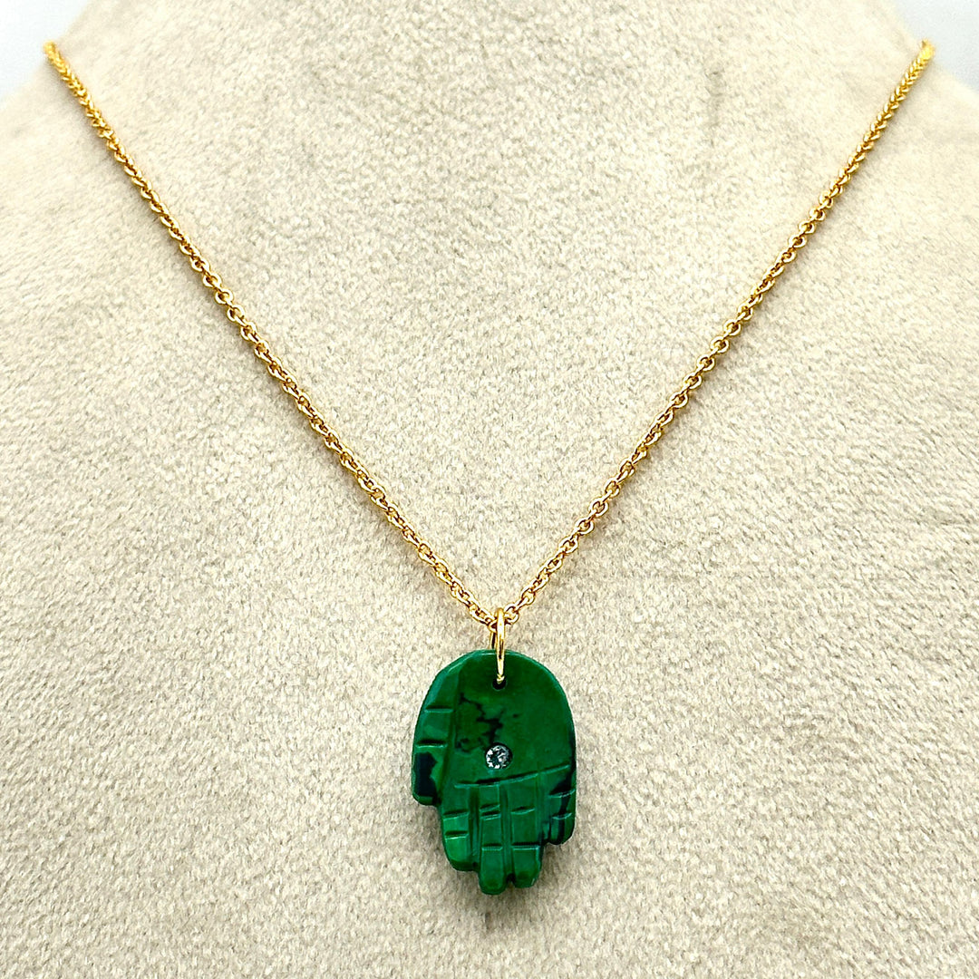 Amazing Malachite Hamsa Necklace, Hand Shape Gemstone Hamsa Necklace For Gift, Reiki Healing Jewelry, 25 MM Hand Necklace For Her