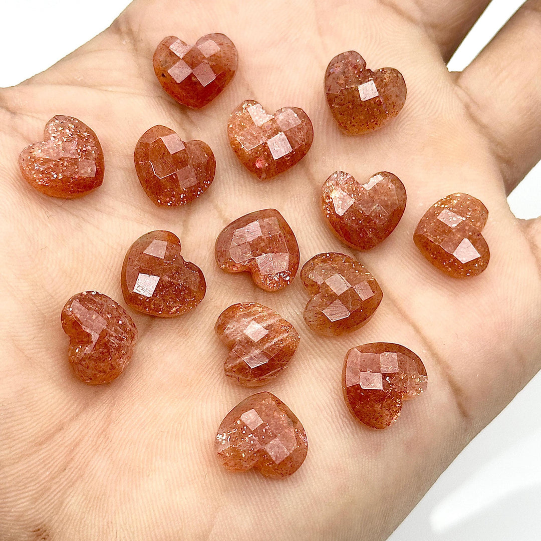 Red Sunstone Heart Briolette Beads: Hand Carved Faceted Charm, 12mm