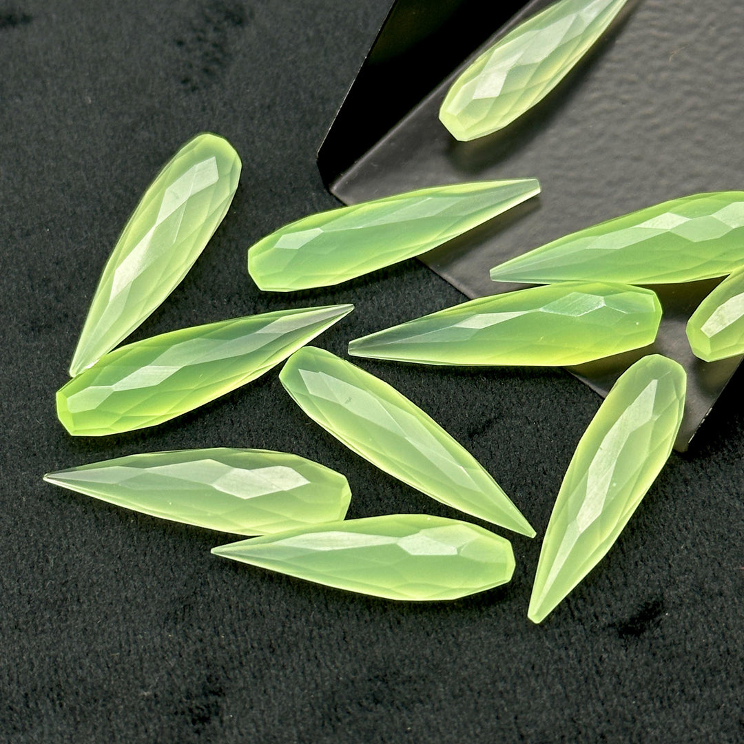 Green Chalcedony Long Drop Shape Briolette's, Faceted Teardrop Beads, 7X30 MM Green Color Drops for Earring Making, Loose Drops on Wholesale