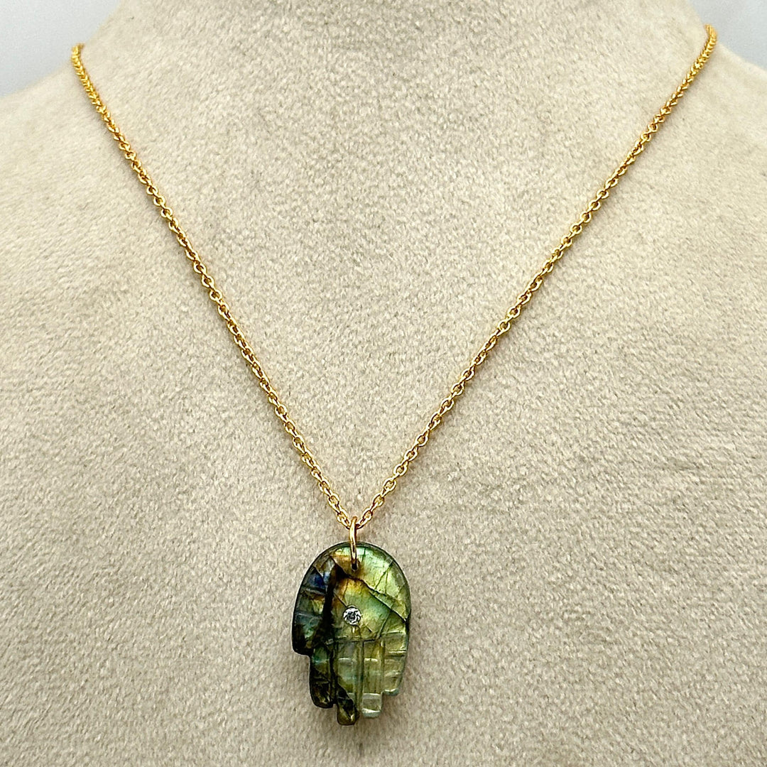 Natural Labradorite Hamsa Necklace, Blue Flashy Gemstone Hamsa Necklace For Gift, Reiki Healing Jewelry, Flashy Labradorite Necklace