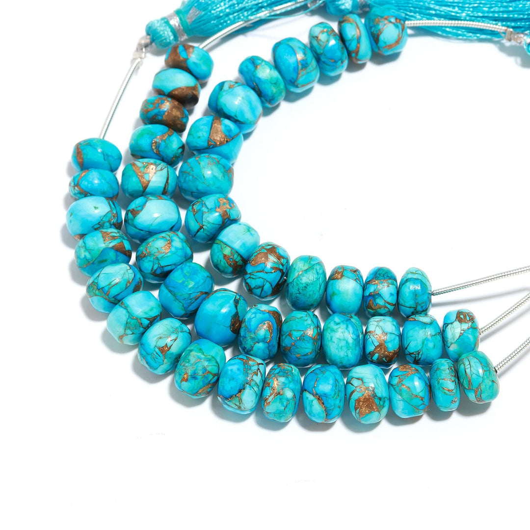 AAA Copper Turquoise Smooth Beads, Blue Copper Turquoise Smooth Rondelle Beads, 8 - 9 MM Healing Turquoise Beads for Jewelry, Loose Beads