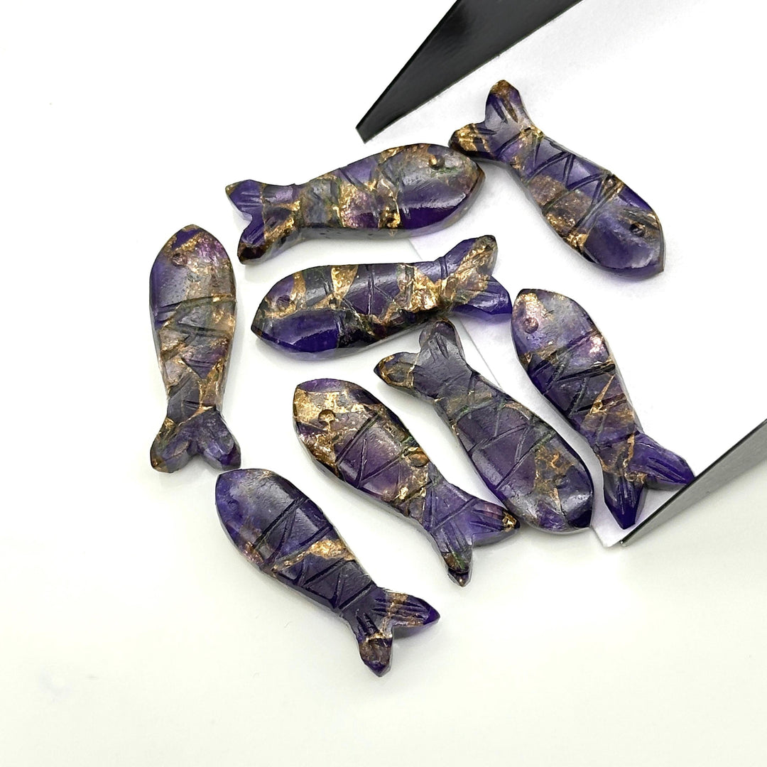 Carved Copper Amethyst Fish Beads: 25mm Briolette Charms