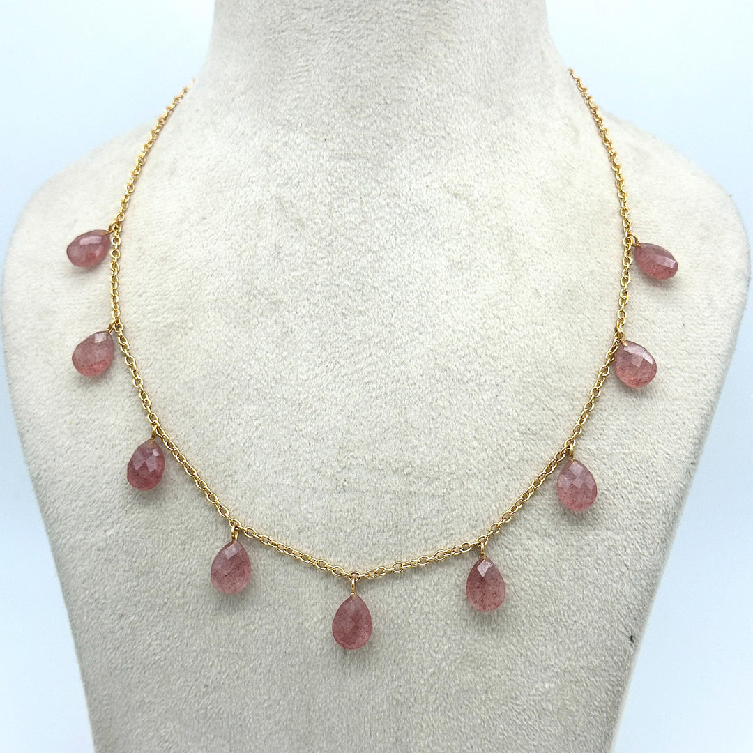 Amazing Pink Strawberry Pear Shape Beads Necklace, Faceted Drop Chain Necklace, Natural Gemstone Chain Jewelry, Necklace For Women's