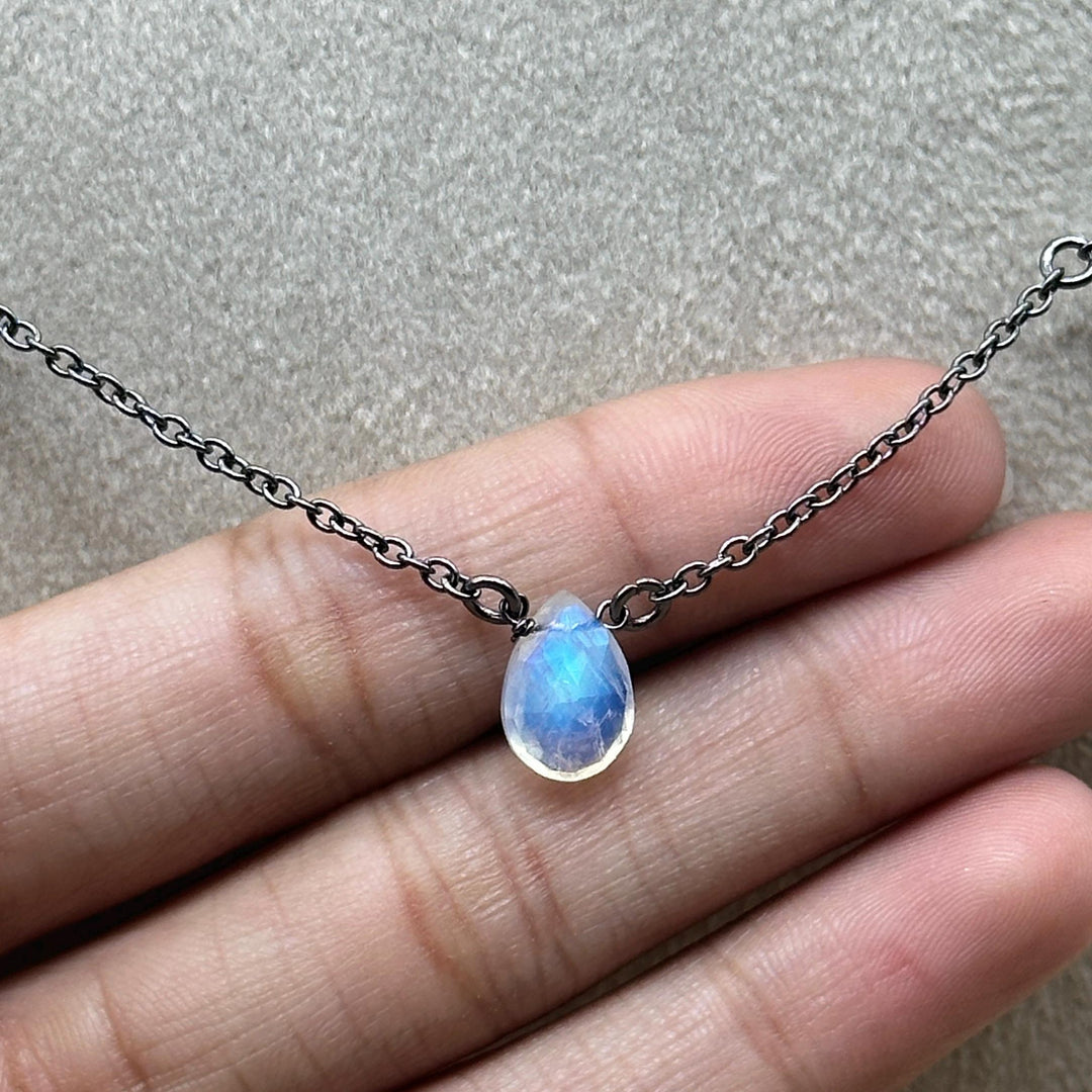 Pretty Rainbow Moonstone Pear Necklace, Blue Flashy Faceted Pear Chain Necklace, Black Rhodium Plating Necklace For Girls, Gift For Her