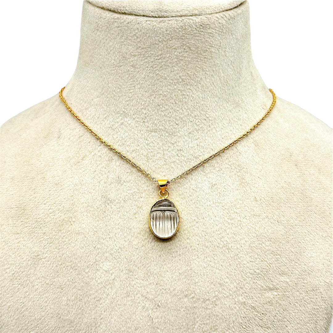 Dainty Crystal Quartz Carved Scarab Necklace, Natural Crystal Quartz Gemstone Necklace, Sterling Silver Necklace, 16 MM Scarab, Gift For Her