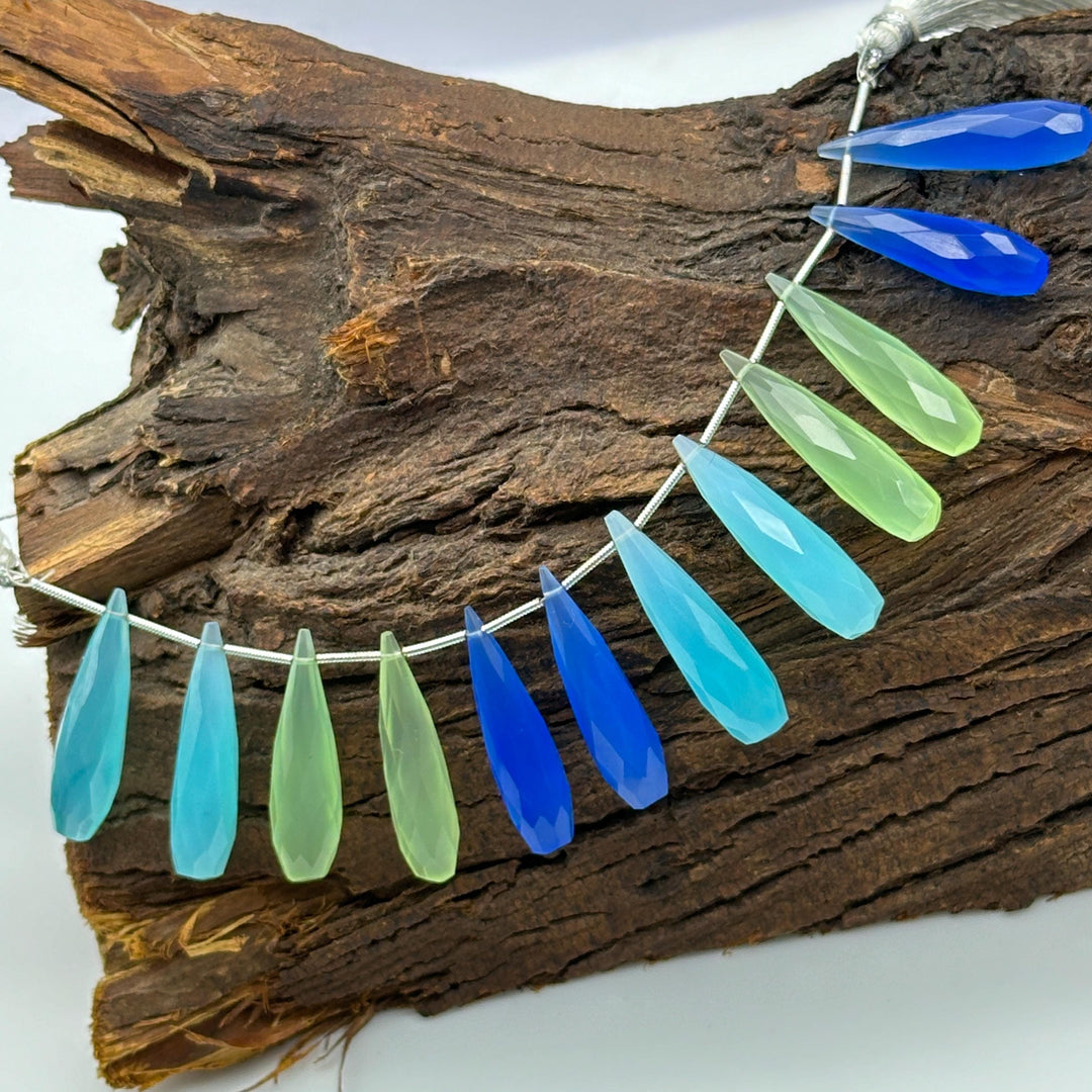 Matched Pairs - Blue, Green & Aqua Chalcedony Long Drop Shape Briolette's, Faceted Teardrop Beads, 7X30 mm Drops Beads For Earring Making