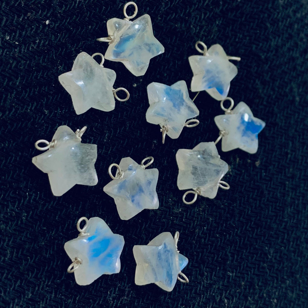 Natural Rainbow Moonstone Stars Shape Carved Gemstone Jewellery Making Charm With 925 Silver, Necklace Bracelet, Earrings Making Charms 10mm