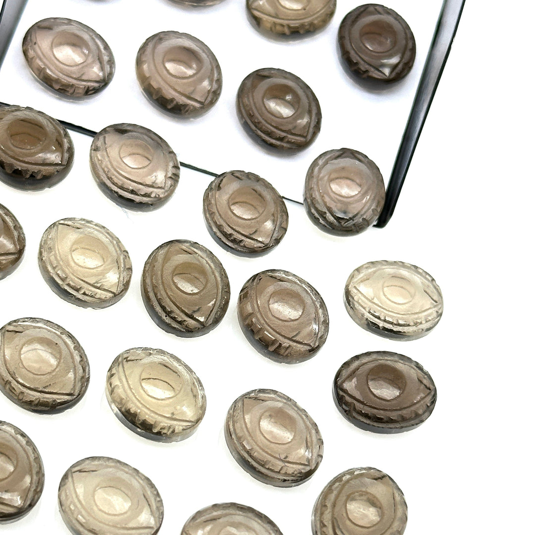 Natural Smokey Quartz Evil Eye Beads, Hand Carved Gemstone Beads, Loose Oval Eye Beads, Evil Eye Charm Beads, Loose Carving Beads 10X12 MM