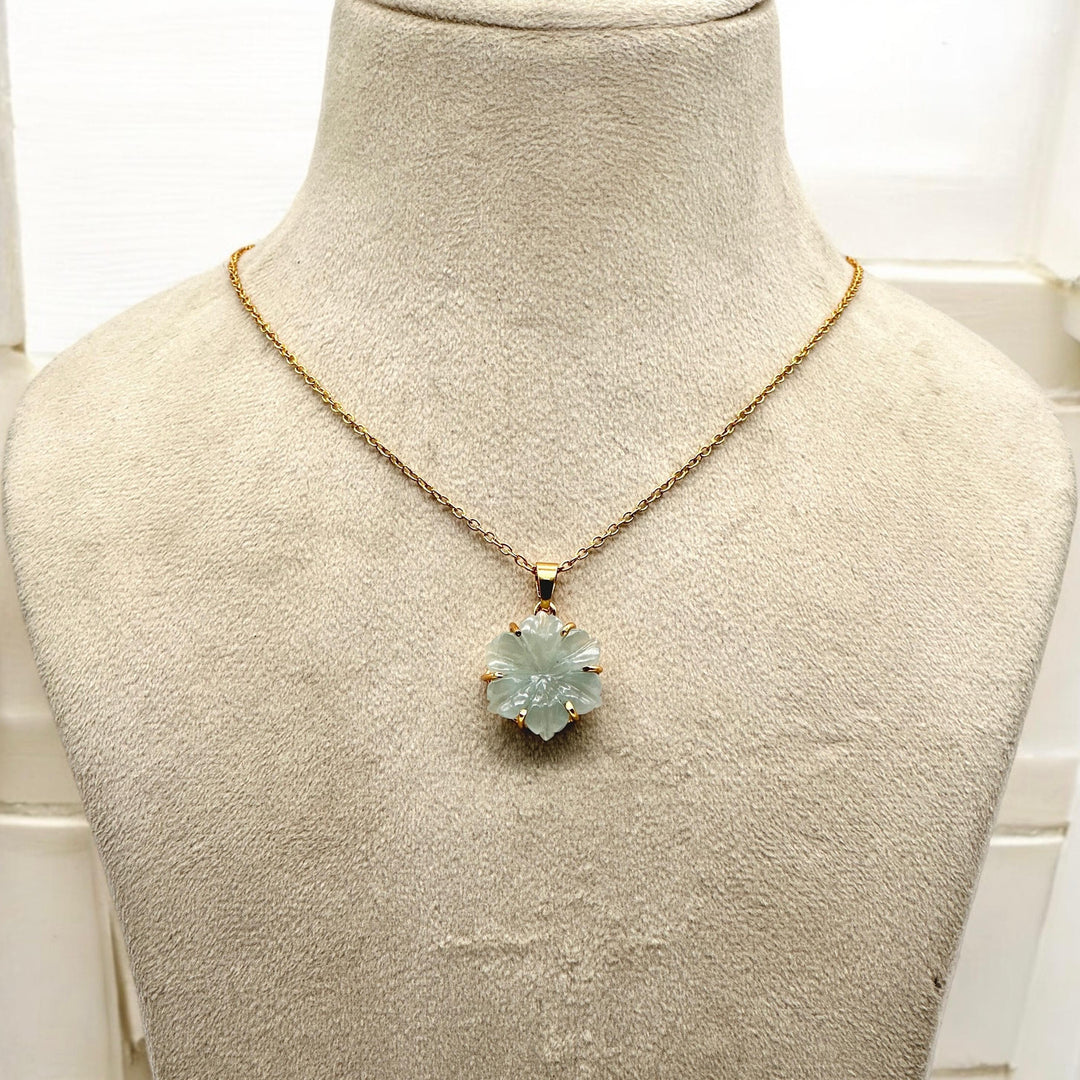Natural Carved Aquamarine Flower Pendant, Carved Aqua Flower Necklace For Her, 19mm Flower, Soothing Stone Necklace for Her Healing Necklace