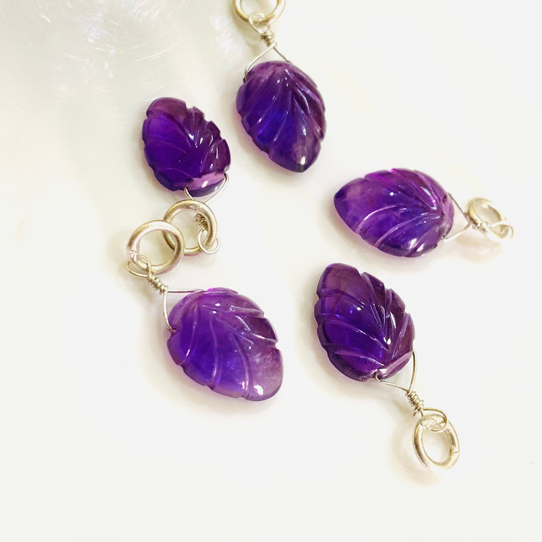 Natural 1 piece Amethyst Leaf Shape Carved Gemstone Jewellery Making Charm With 925 Silver, Necklace, Bracelet, Earrings Making Charms